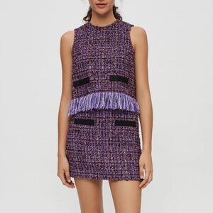 Maje Purple Tweed Fringe Top and Skirt Set